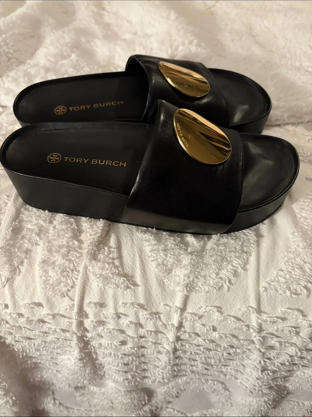 Tory Burch Black Leather Slide Sandals with Gold Medallions - Picture 2 of 4